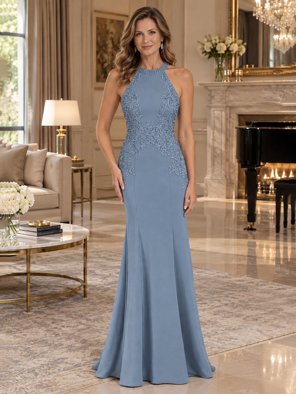 Halter Neckline Lace Appliques Mother of The Bride Dresses