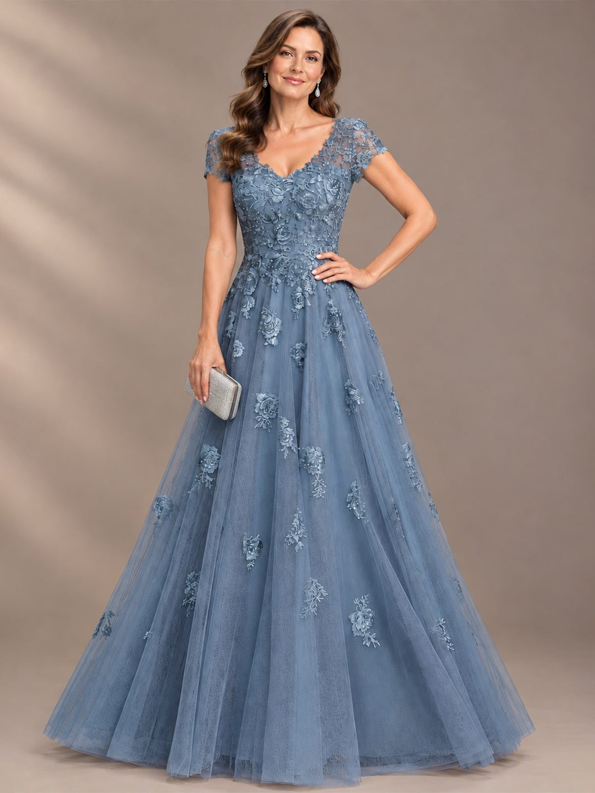 Lace Appliques A-line Mother of The Bride Dresses with Short Sleeves