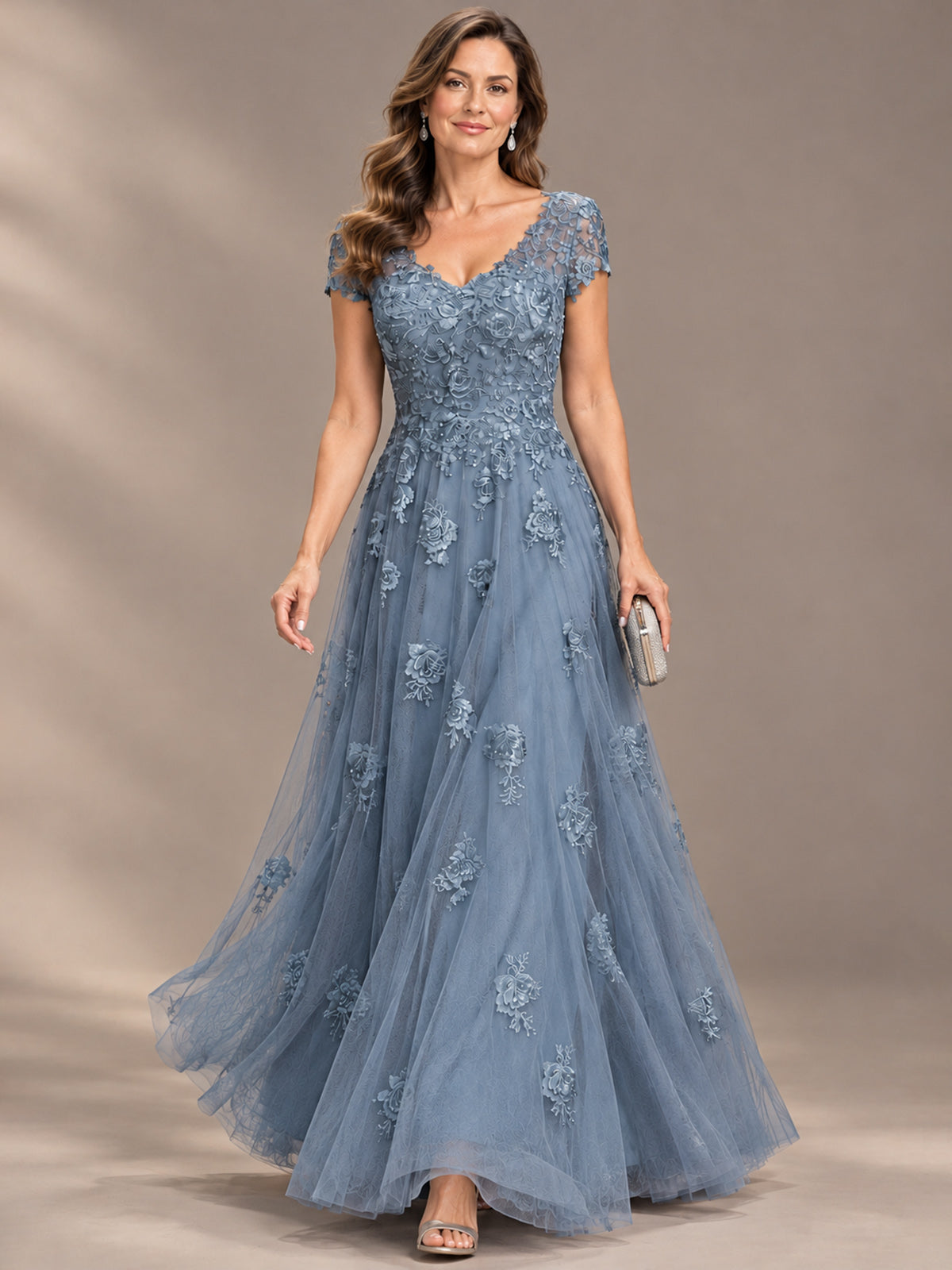 Lace Appliques A-line Mother of The Bride Dresses with Short Sleeves