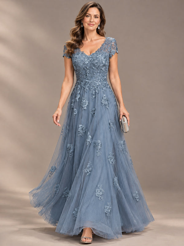 Dusty Blue Lace Appliques A-line Mother of The Bride Dresses with Short Sleeves