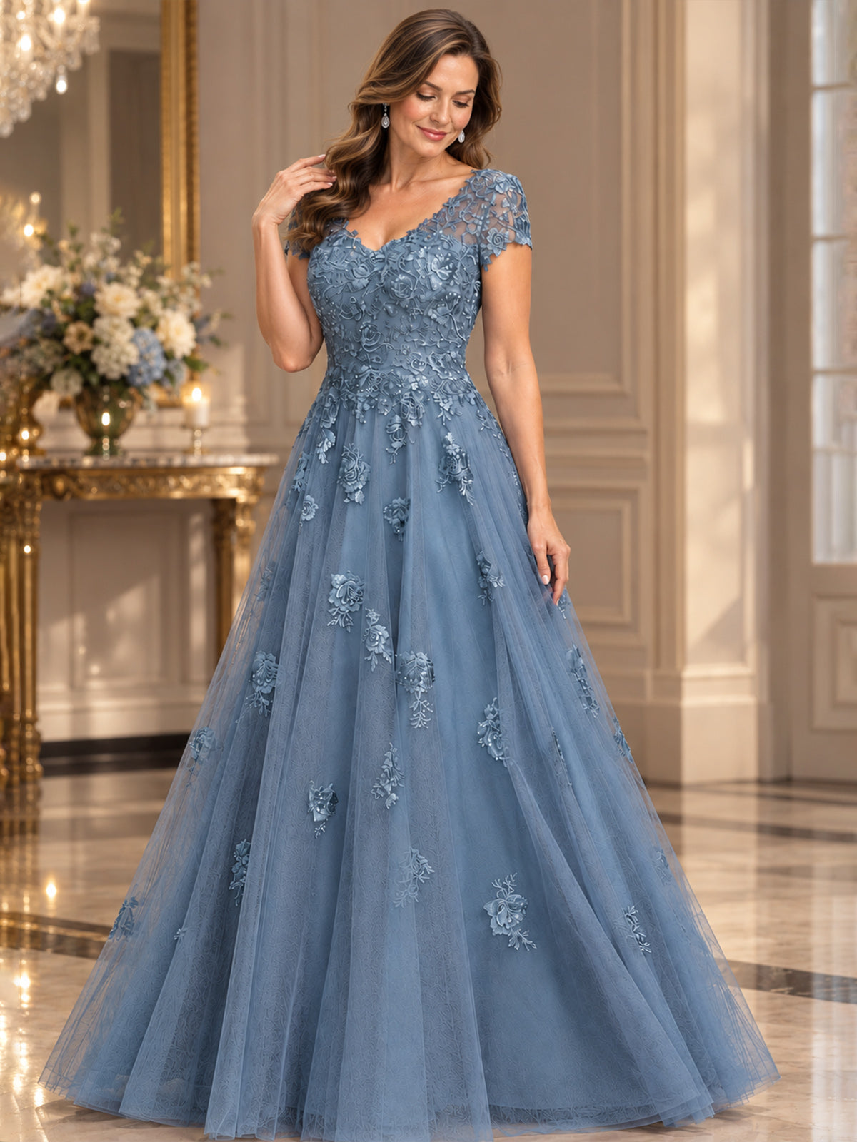 Lace Appliques A-line Mother of The Bride Dresses with Short Sleeves