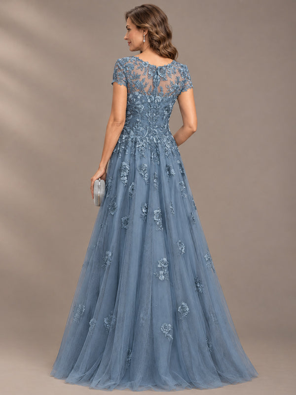 Lace Appliques A-line Mother of The Bride Dresses with Short Sleeves