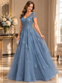 Lace Appliques A-line Mother of The Bride Dresses with Short Sleeves