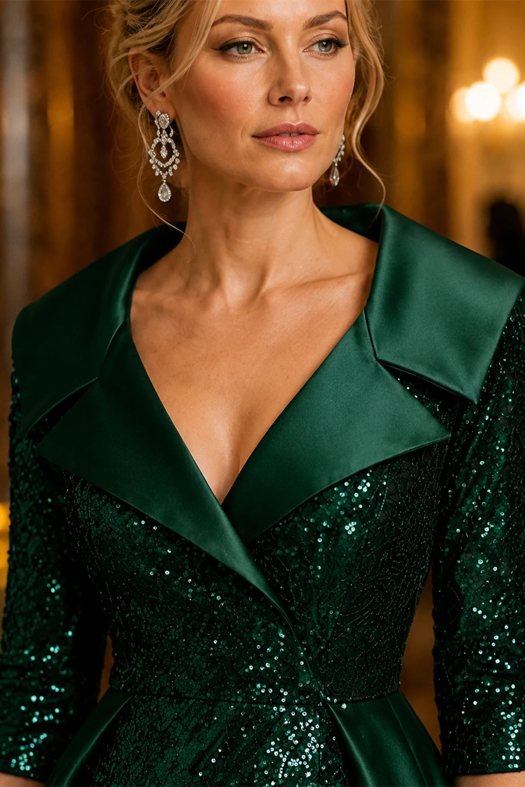 Close-up of emerald green sequin formal gown with satin lapel, V-neckline, and three-quarter sleeves.