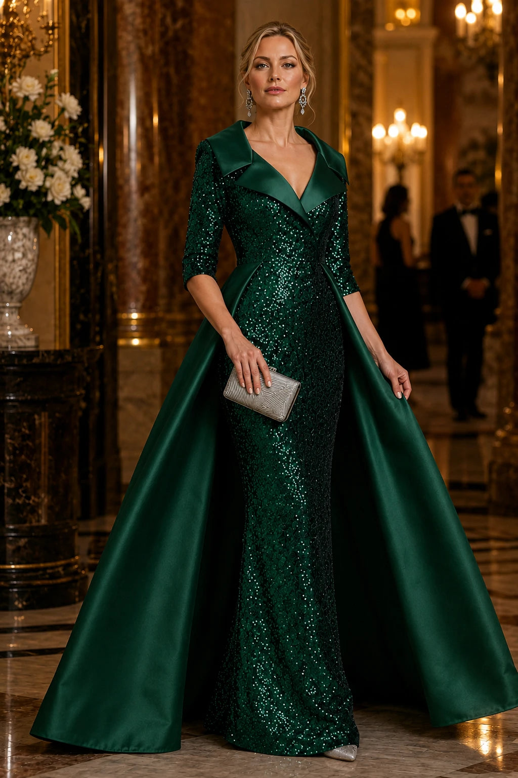 Three-quarter view of emerald green sequin mother of the bride formal gown with satin overskirt and elegant sleeves.