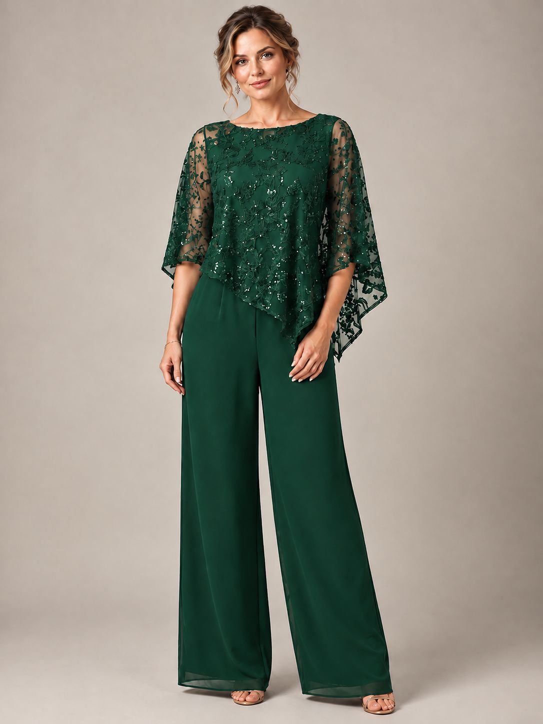 3/4 Sleeve Sequin Chiffon Jumpsuit with Cape