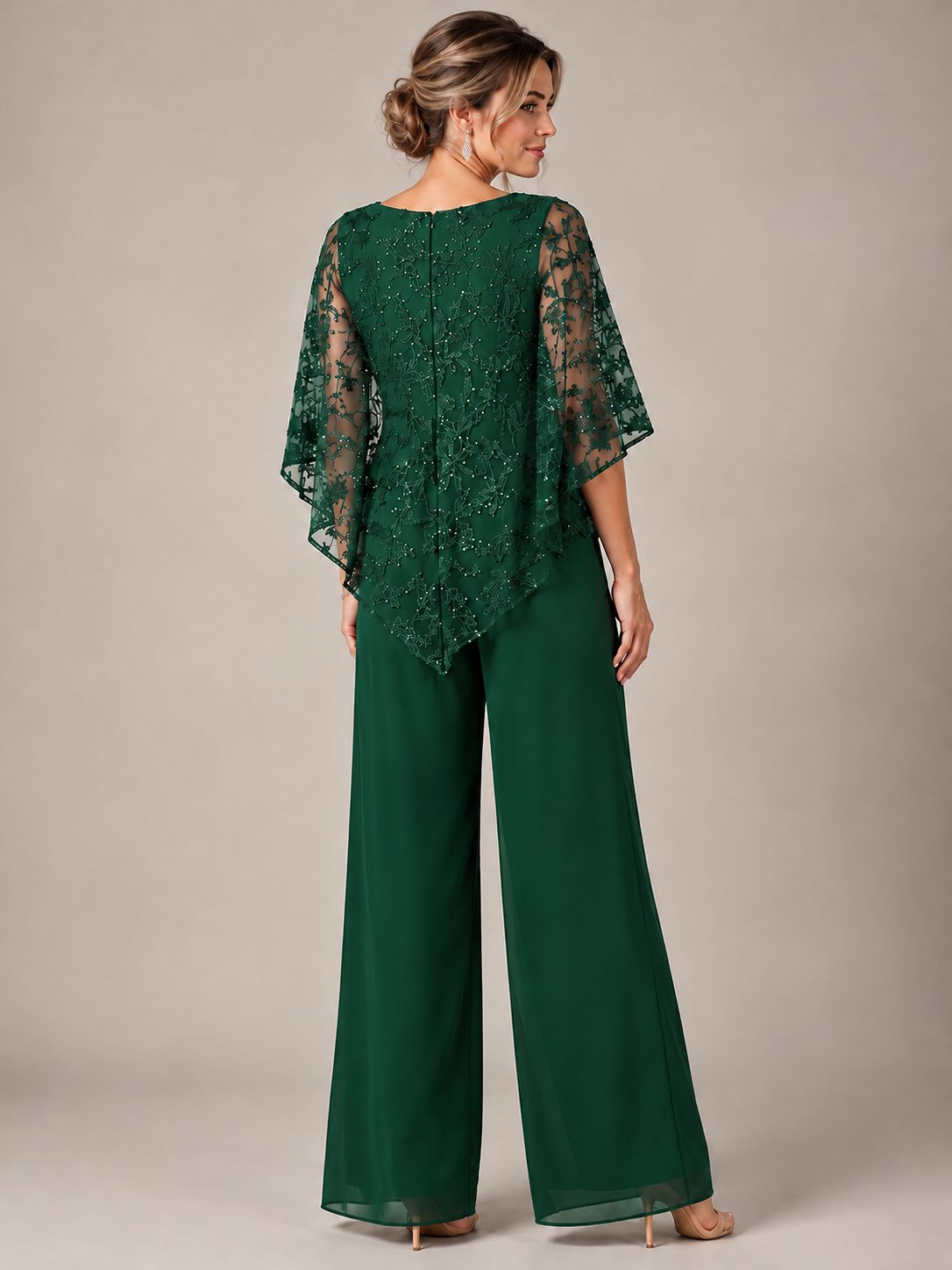 3/4 Sleeve Sequin Chiffon Jumpsuit with Cape