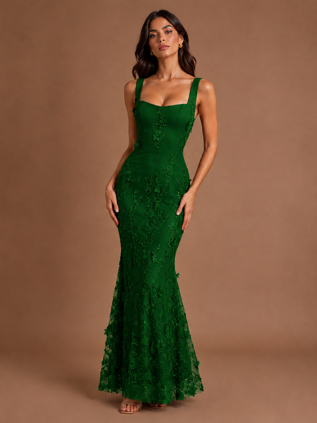 Floral Applique Mermaid Formal Dress with Lace-Up Back