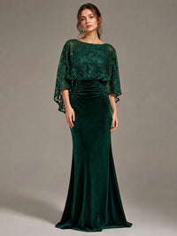 Navy Blue Floral Applique Velvet Maxi Dress