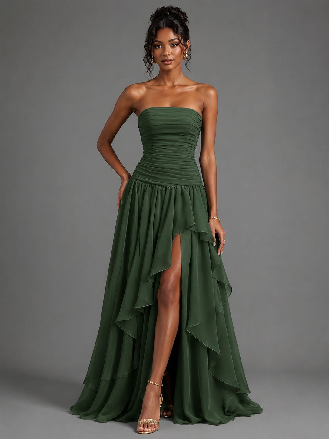Emerald Green Strapless Ruffles Long Formal Dress with Slit