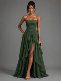 Emerald Green Strapless Ruffles Long Formal Dress with Slit