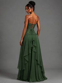 Emerald Green Strapless Ruffles Long Formal Dress with Slit