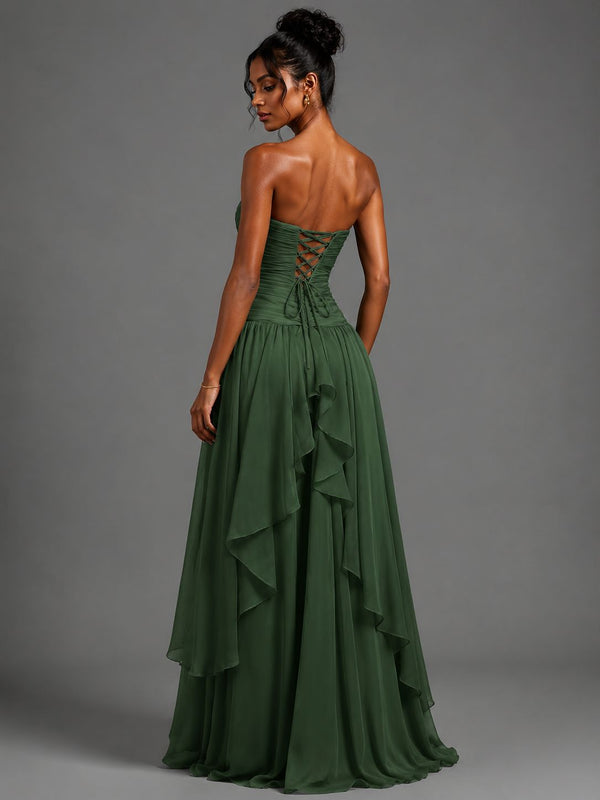 Emerald Green Strapless Ruffles Long Formal Dress with Slit