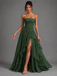 Emerald Green Strapless Ruffles Long Formal Dress with Slit