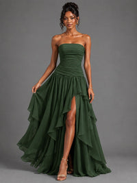 Emerald Green Strapless Ruffles Long Formal Dress with Slit
