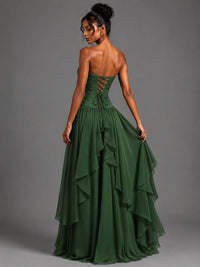 Emerald Green Strapless Ruffles Long Formal Dress with Slit