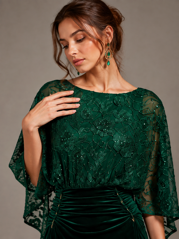 Emerald Green Lace Applique Velvet Maxi Dress