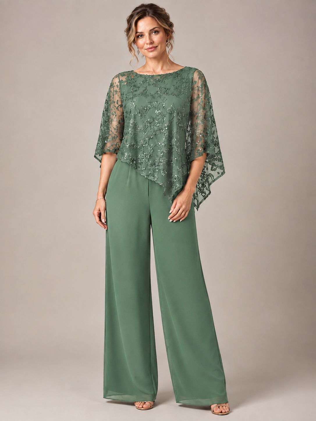 3/4 Sleeve Sequin Chiffon Jumpsuit with Cape