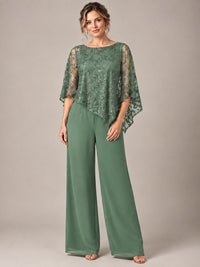 3/4 Sleeve Sequin Chiffon Jumpsuit with Cape