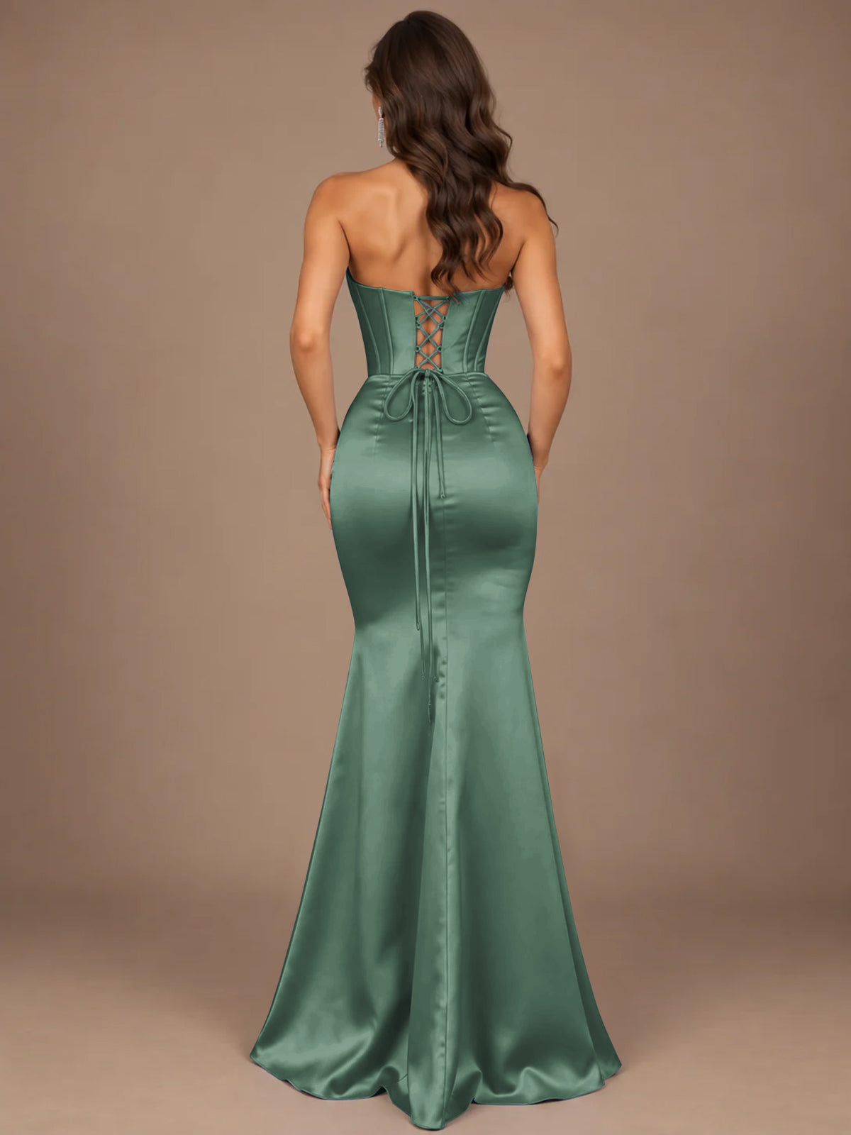 Dusty Blue Strapless Lace Corset Prom Dress with High Slit