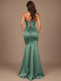Dusty Blue Strapless Lace Corset Prom Dress with High Slit