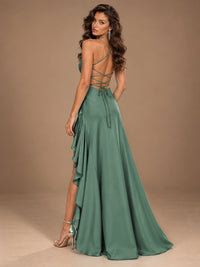 Burgundy Spaghetti Strap Ruched Prom Dress with Ruffled High Slit