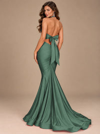 Pink Halter Deep V-Neck Ruched Mermaid Prom Dress