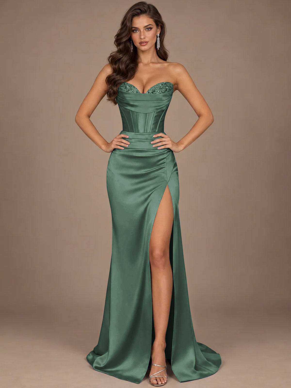 Dusty Blue Strapless Lace Corset Prom Dress with High Slit