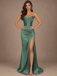 Dusty Blue Strapless Lace Corset Prom Dress with High Slit