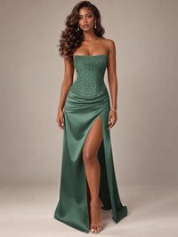 Burgundy Strapless Sparkly Corset Prom Dress with High Slit