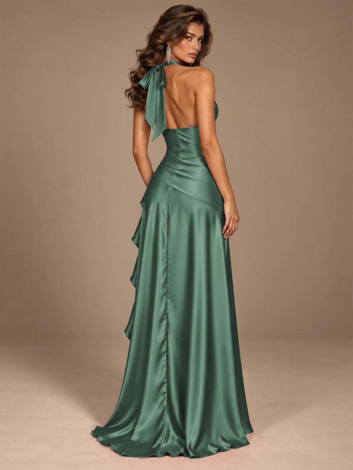 Burgundy Halter Deep V-Neck Ruched High Slit Ruffle Prom Dress