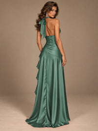 Burgundy Halter Deep V-Neck Ruched High Slit Ruffle Prom Dress
