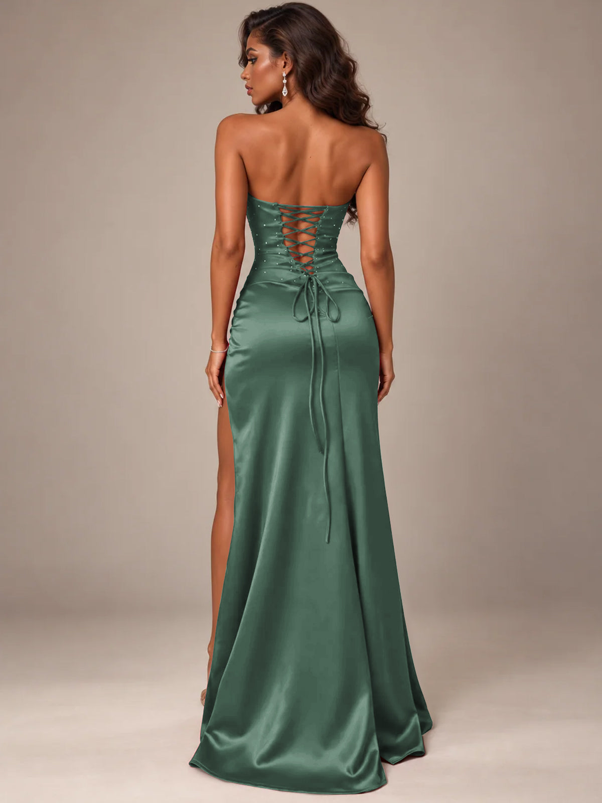 Burgundy Strapless Sparkly Corset Prom Dress with High Slit