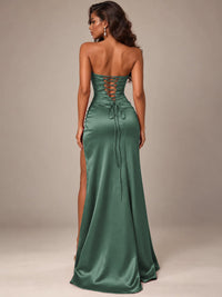 Burgundy Strapless Sparkly Corset Prom Dress with High Slit
