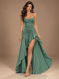 Burgundy Spaghetti Strap Ruched Prom Dress with Ruffled High Slit