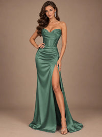 Dusty Blue Strapless Lace Corset Prom Dress with High Slit