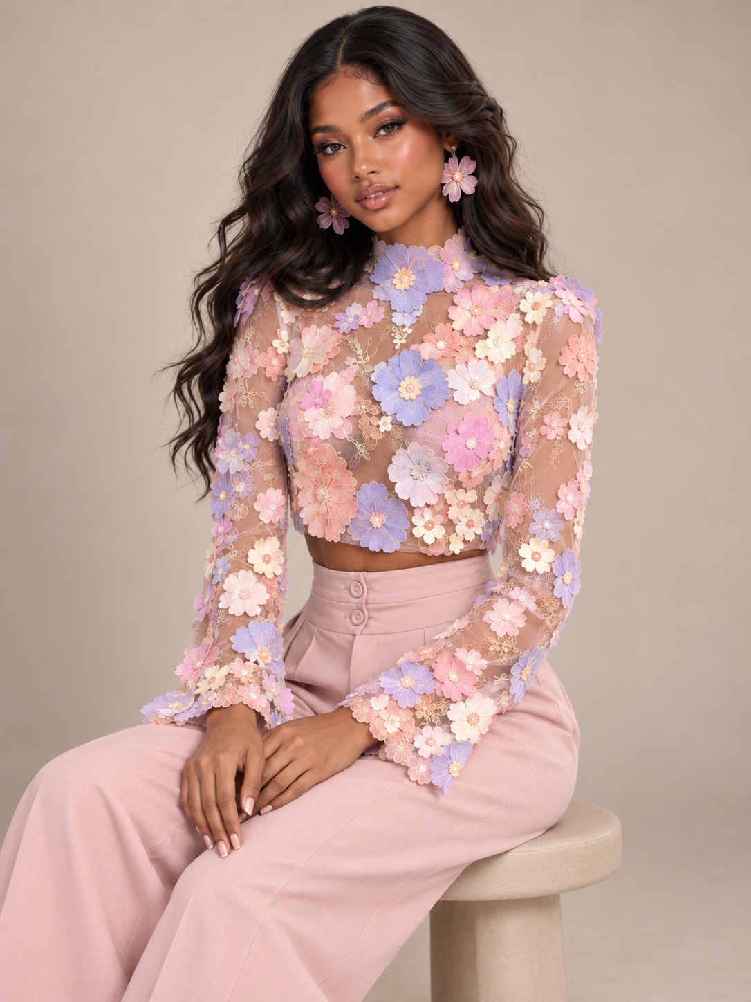 Pastel floral applique long sleeve crop top with pink wide leg pants