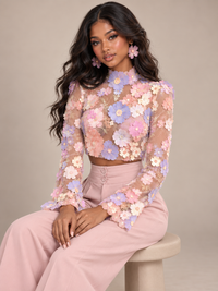 Pastel floral applique long sleeve crop top with pink wide leg pants