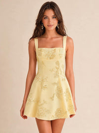 Yellow 3D Floral HOCO Dresses Sweet Jacquard Tulle Mini Dress