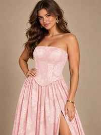 Chocolate Brown Floral Strapless Corset A-Line Evening Gown with Slit