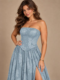 Chocolate Brown Floral Strapless Corset A-Line Evening Gown with Slit