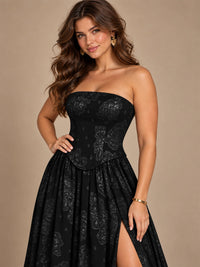 Chocolate Brown Floral Strapless Corset A-Line Evening Gown with Slit