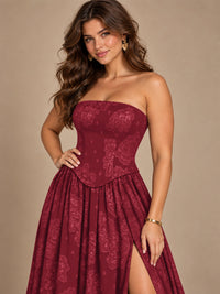 Chocolate Brown Floral Strapless Corset A-Line Evening Gown with Slit