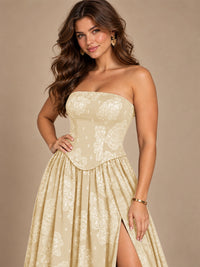 Chocolate Brown Floral Strapless Corset A-Line Evening Gown with Slit