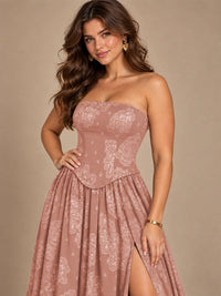 Chocolate Brown Floral Strapless Corset A-Line Evening Gown with Slit