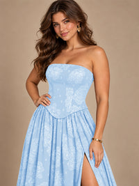Chocolate Brown Floral Strapless Corset A-Line Evening Gown with Slit