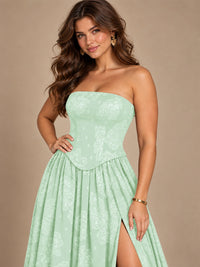 Chocolate Brown Floral Strapless Corset A-Line Evening Gown with Slit