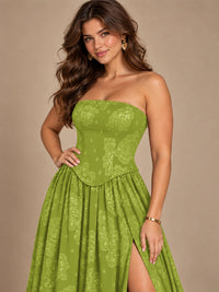 Chocolate Brown Floral Strapless Corset A-Line Evening Gown with Slit
