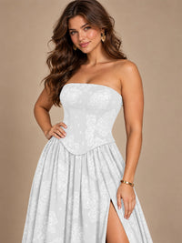 Chocolate Brown Floral Strapless Corset A-Line Evening Gown with Slit