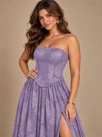 Chocolate Brown Floral Strapless Corset A-Line Evening Gown with Slit
